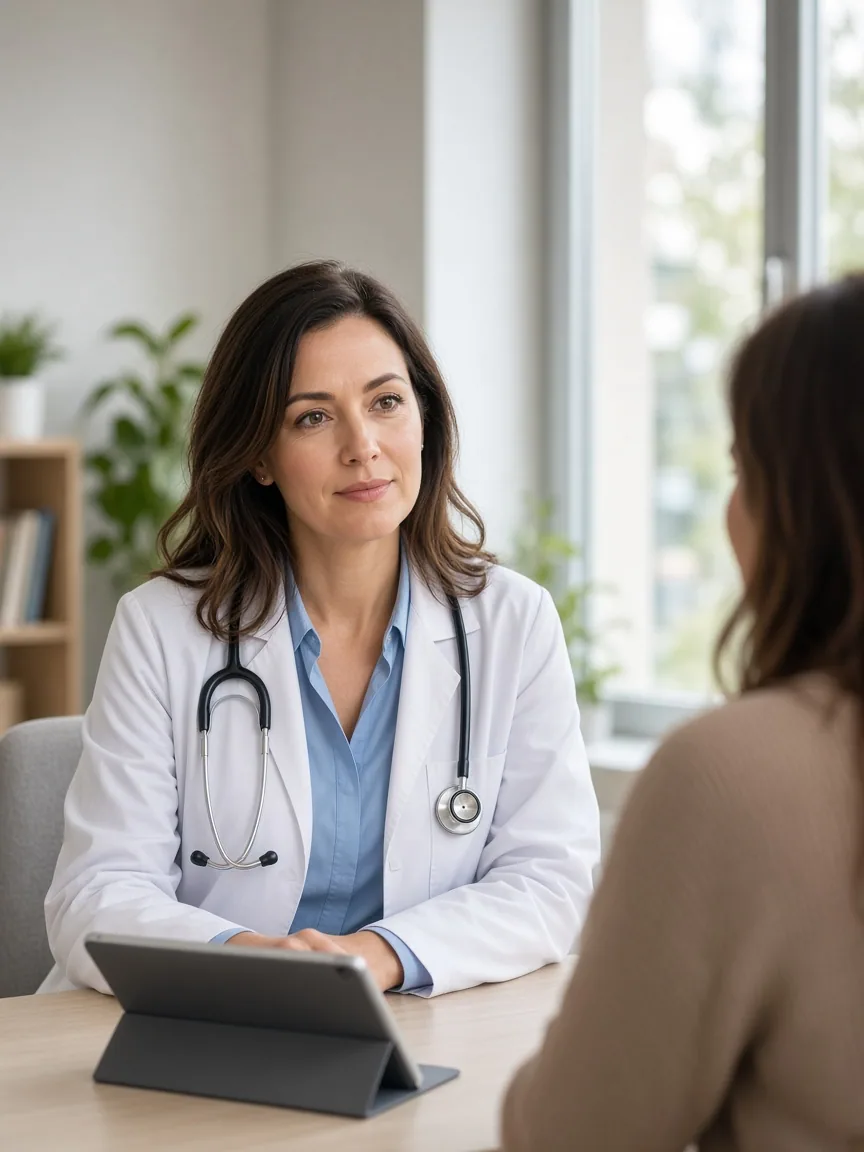 Doctora en consulta con un paciente