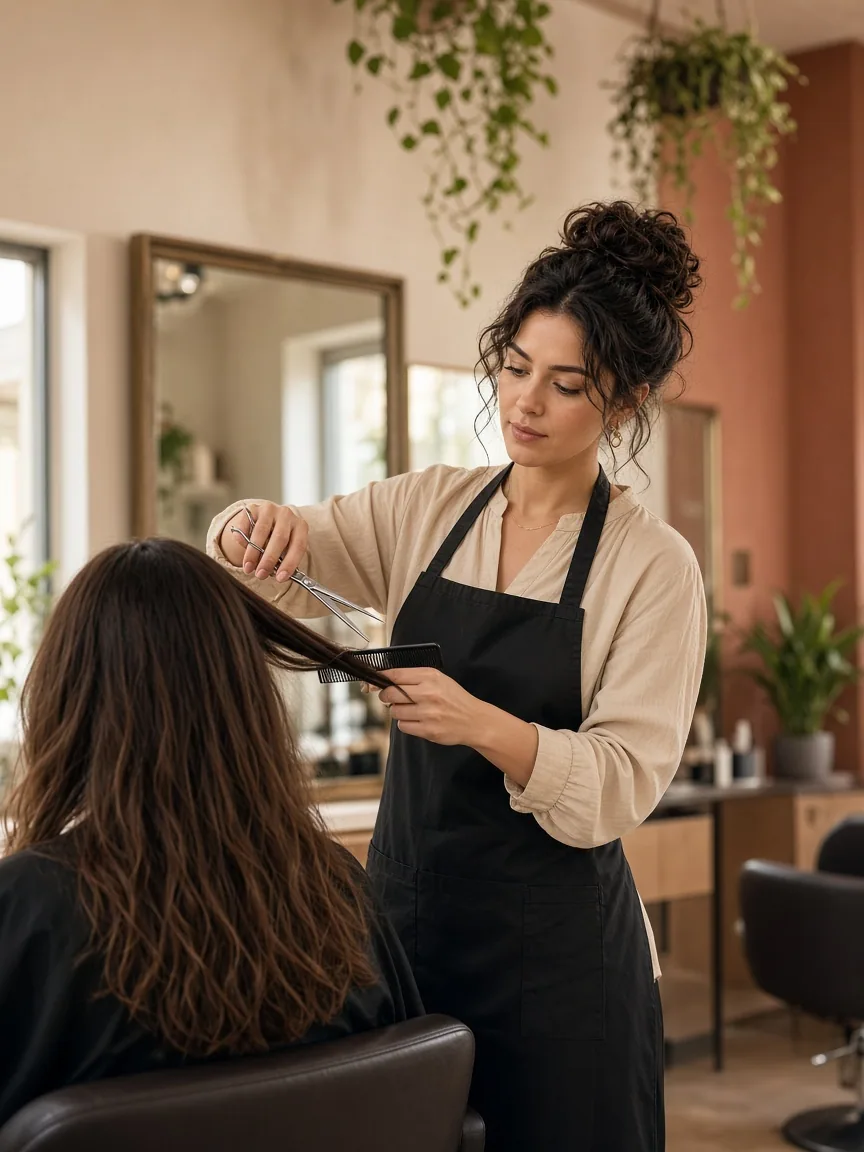 Estilista cortando el cabello en un salón