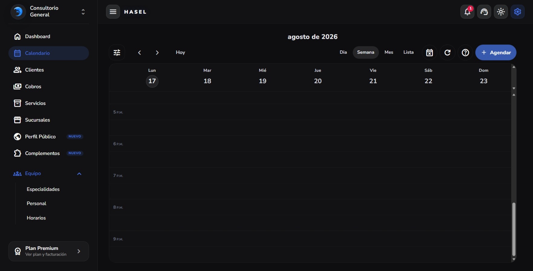 Calendario Hasel en modo oscuro