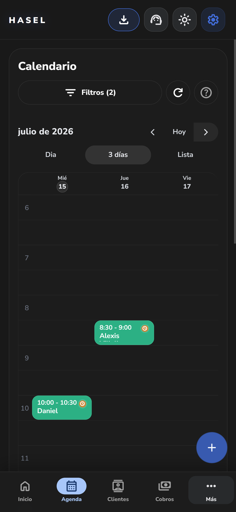 Calendario Hasel móvil en modo oscuro