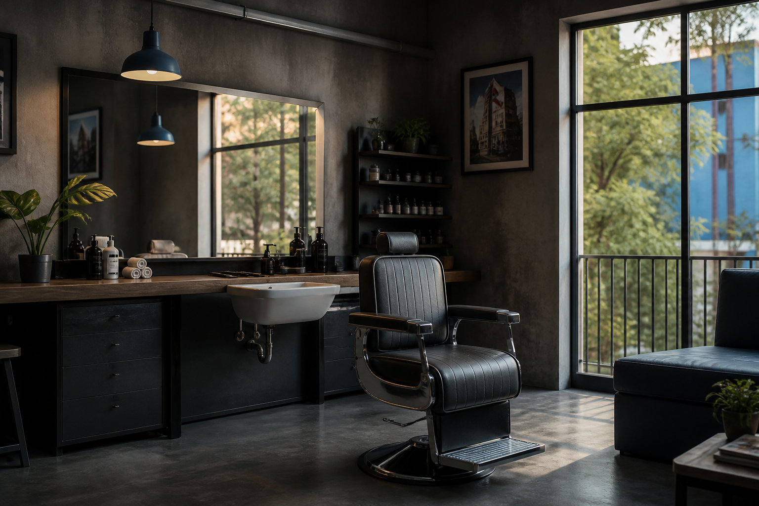 Interior de barbería con espejo y sillón